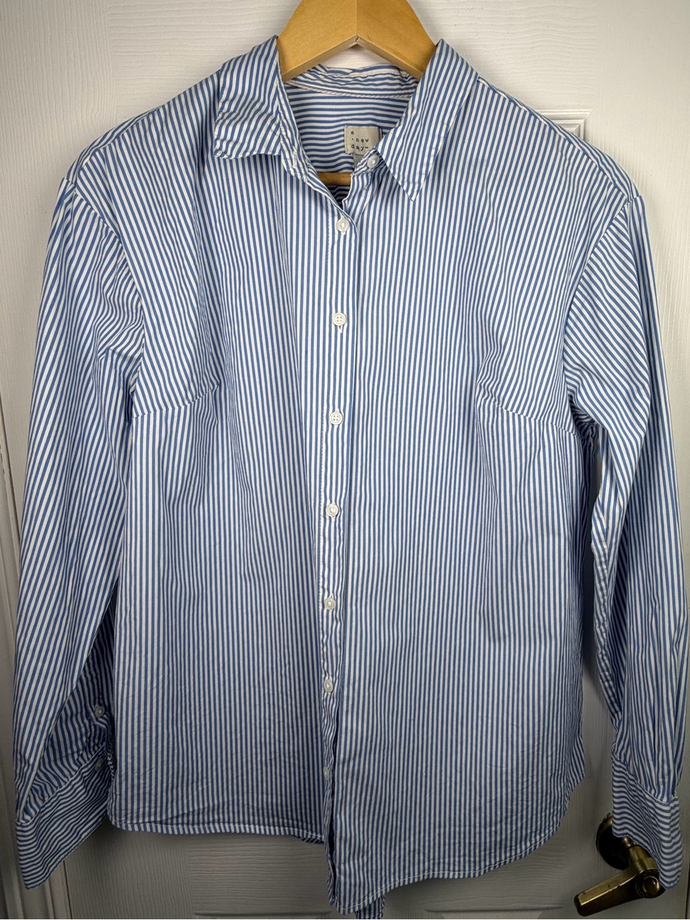 A New Day Blue White Striped Button-Down Shirt Women's L Cotton Preppy Coastal